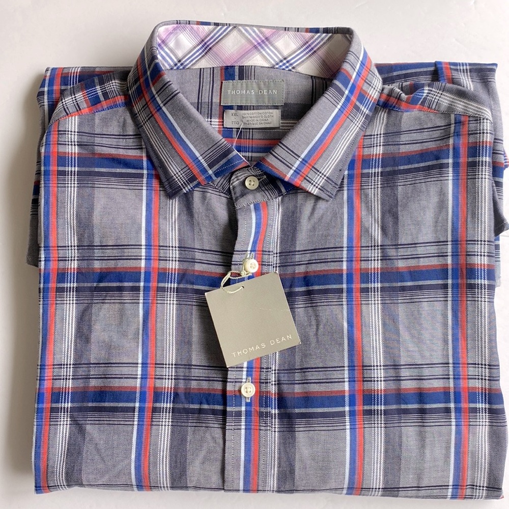 Thomas Dean men’s multi color plaid 💯cotton button down dress shirt l/s XXL 🌞